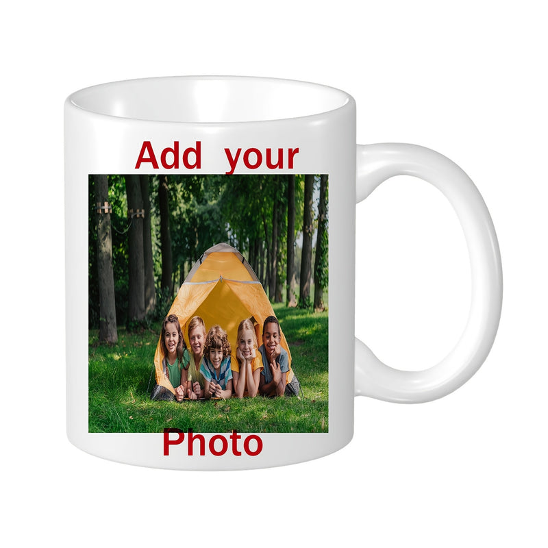 Tailorly White Ceramic 11 oz Mug - Add Your Photo Happy Children Sitting In Front Of Yellow Tent Among Green Forest Mug