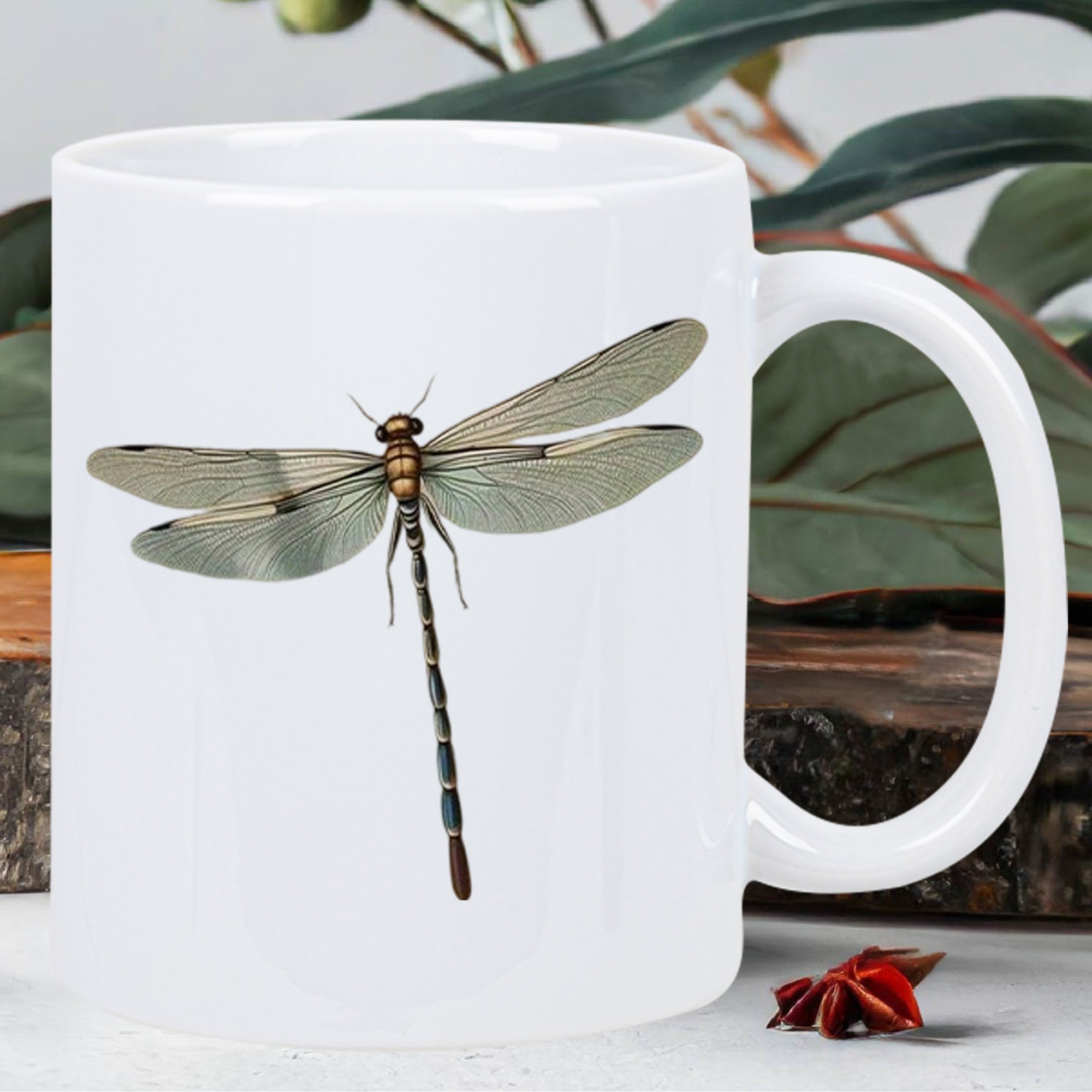 Tailorly White Ceramic 11 oz Mug - Graceful Wings Spreading Across A Minimalist Pure Dragonfly