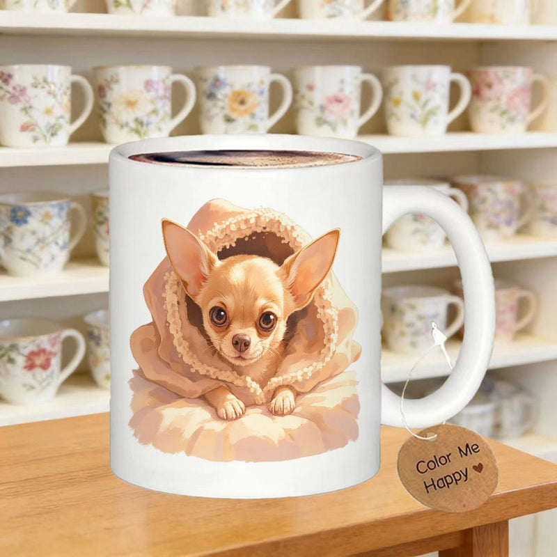 Tailorly White Ceramic 11 oz Mug - Color Me Happy Cute Tiny Puppy Wrapped In Soft Cozy Beige Blanket Chihuahua