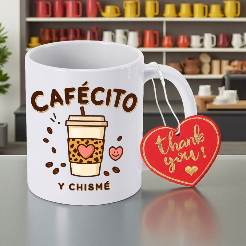 Tailorly White Ceramic 11 oz Mug - Thank You Takeaway Cup With Leopard Print Sleeve Surrounded By Floating Coffee Beans Mug