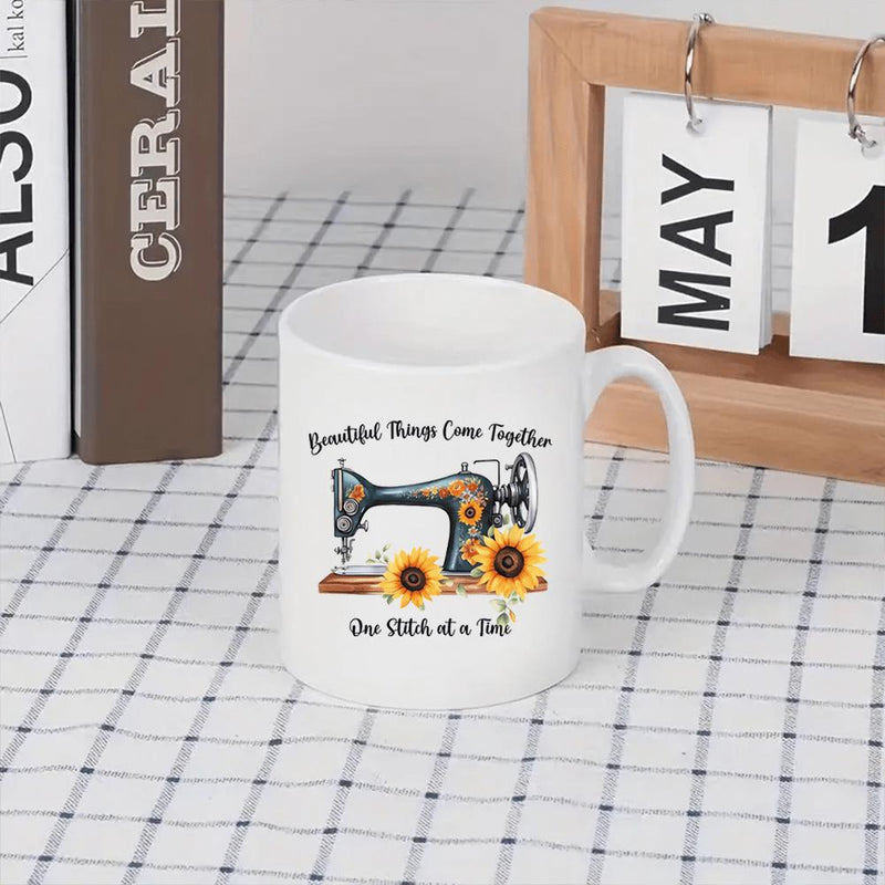Tailorly White Ceramic 11 oz Mug - Beautiful Things Come Together One Stitch At A Time Vintage Style Black Tool Surrounded By Golden Blooming Sunflowers Sewing