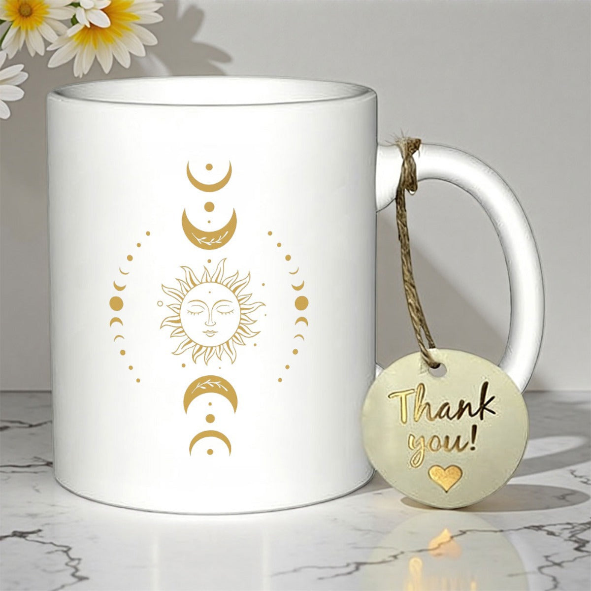 Tailorly White Ceramic 11 oz Mug - Thank You Mystical Golden Celestial Pattern With Elegant Crescent Moons And Shining Sun