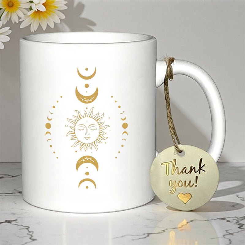 Tailorly White Ceramic 11 oz Mug - Thank You Mystical Golden Celestial Pattern With Elegant Crescent Moons And Shining Sun