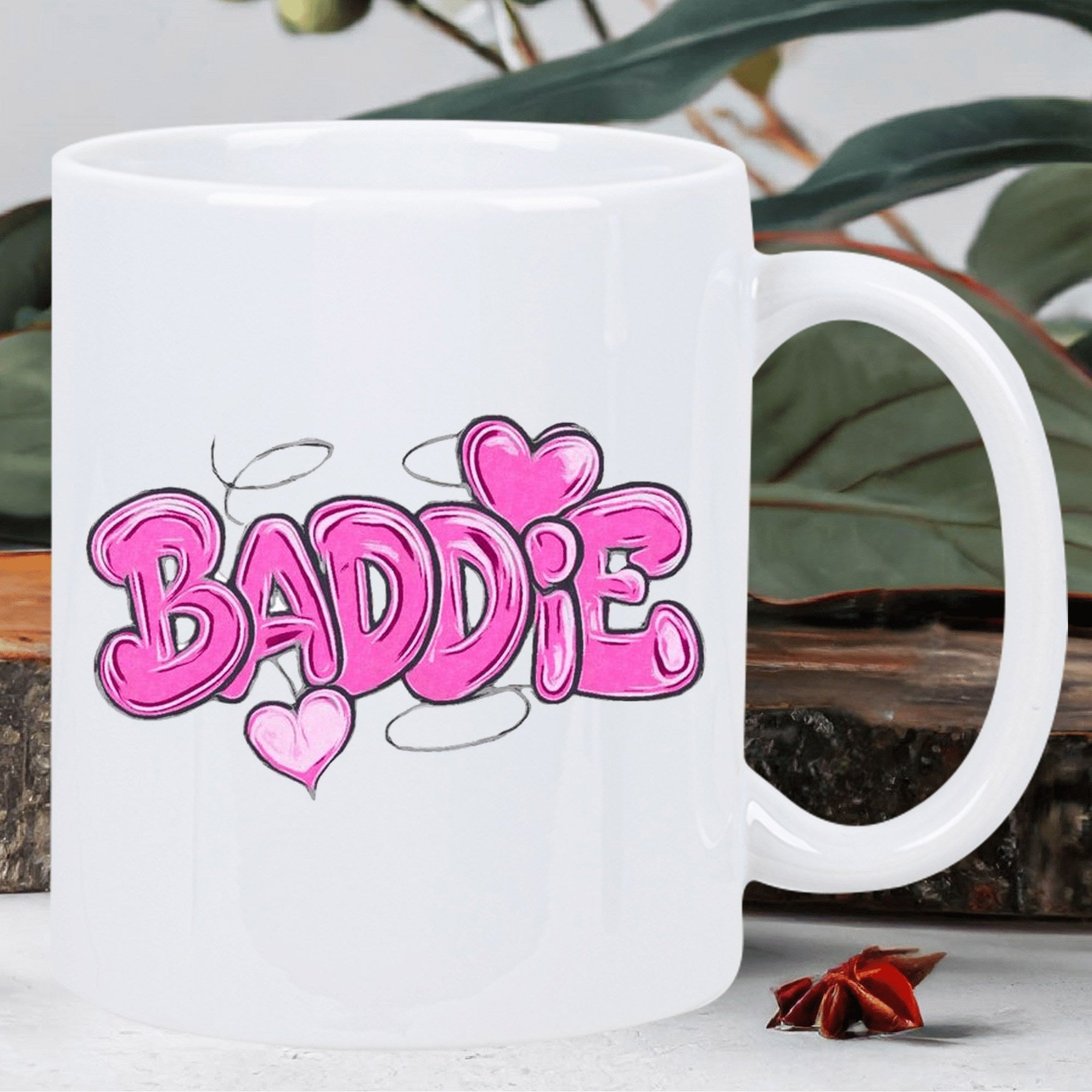 Tailorly White Ceramic 11 oz Mug - Baddie Pink Bubble Style Letters With Small Floating Hearts And Artistic Swirls Mug