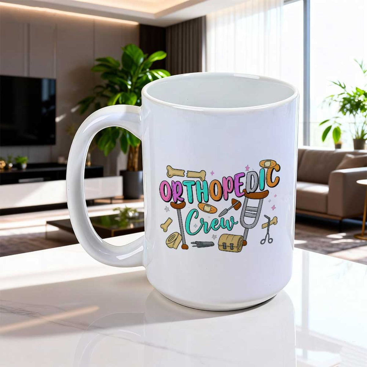 Tailorly White Ceramic 11 oz Mug - Orthopedic Crew Vibrant Medical Icons Including Crutches Bones And Various Surgical Instruments Mug