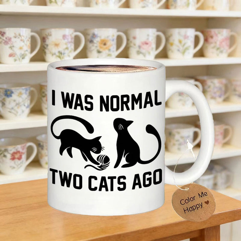Tailorly White Ceramic 11 oz Mug - I Was Normal Two Cats Ago Playful Black Felines Playing With A Ball Of Yarn Silhouetted Cat
