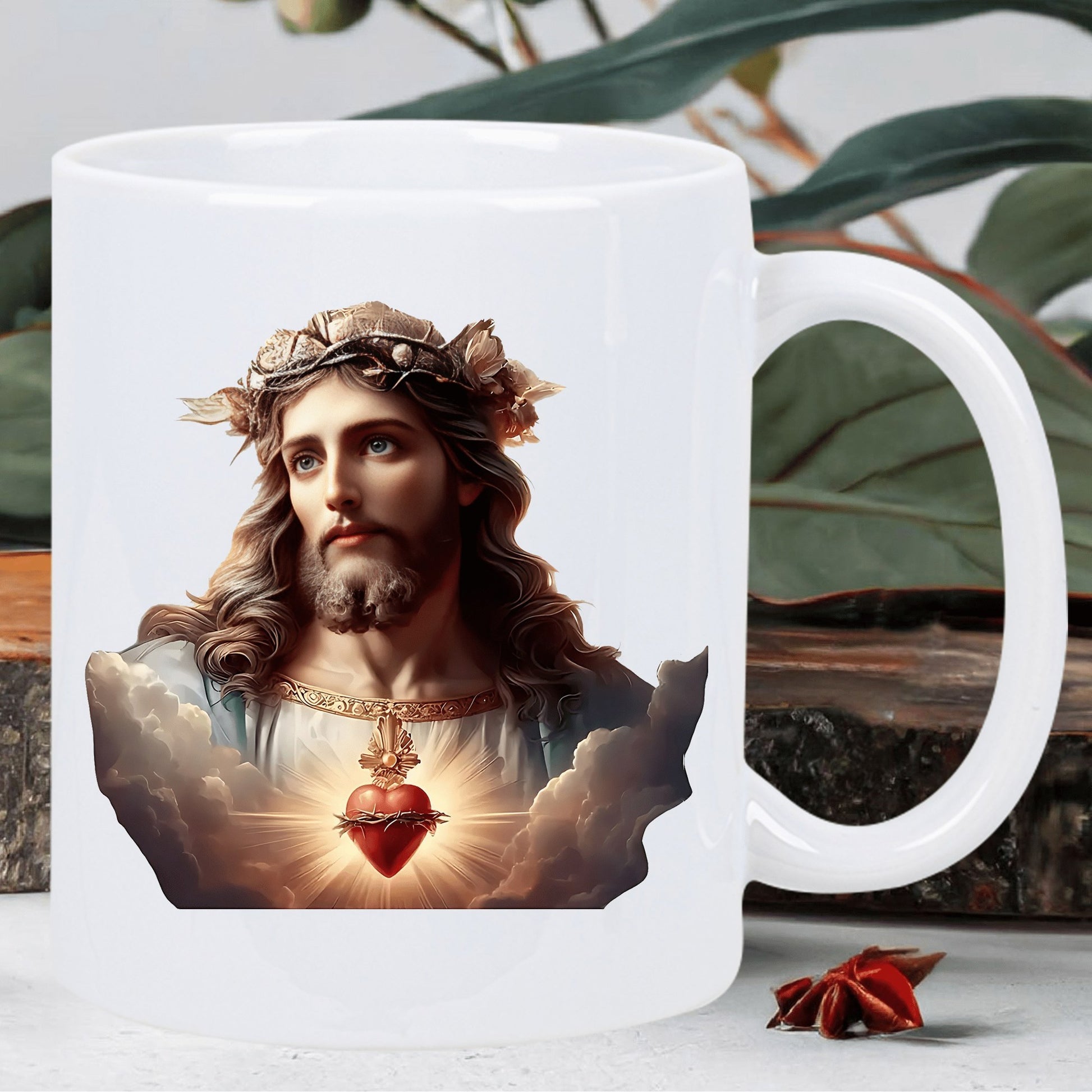 Tailorly White Ceramic 11 oz Mug - Sacred Heart Figure With Crown Thorns Among Radiant Glowing Heavenly Clouds Portrait