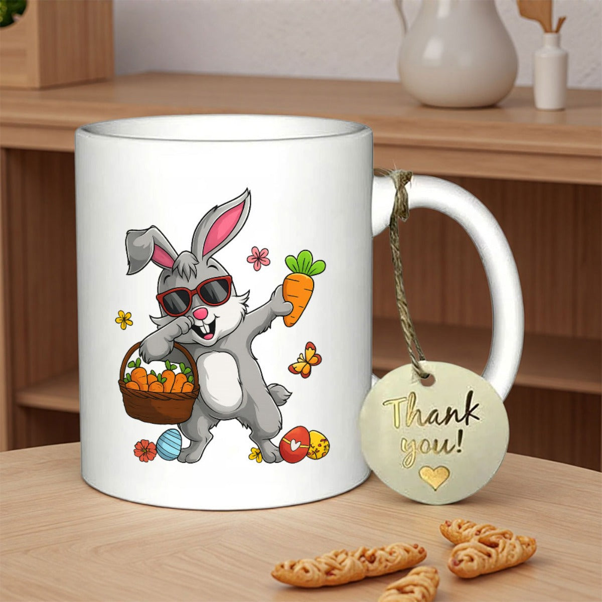 Tailorly White Ceramic 11 oz Mug - Cool Dancing Gray Bunny Wearing Sunglasses Holding Fresh Carrot With Easter Eggs Rabbit