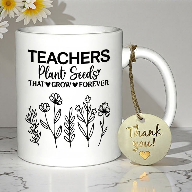 Tailorly White Ceramic 11 oz Mug - Teachers Plant Seeds That Grow Forever Minimalist Black Line Art Wildflowers Sprouting Beneath Inspirational Teacher