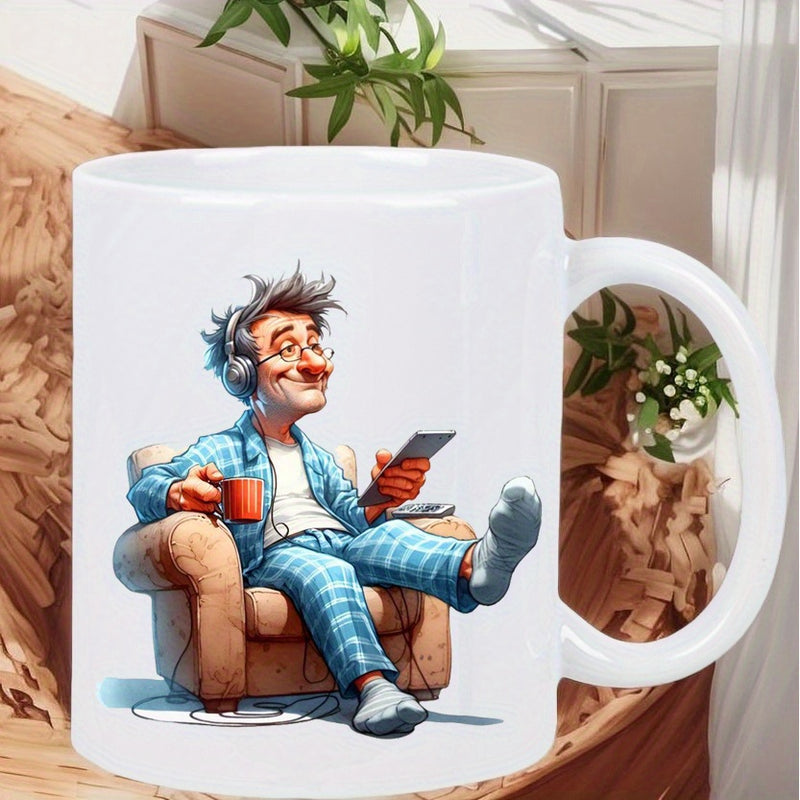 Tailorly White Ceramic 11 oz Mug - Cozy Morning Scene With Man Resting On Comfortable Brown Armchair Character