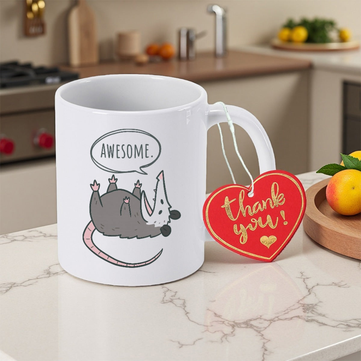 Tailorly White Ceramic 11 oz Mug - Awesome Thank You Cute Hand Drawn Cartoon Opossum Resting Calmly On Its Furry Back Opossum