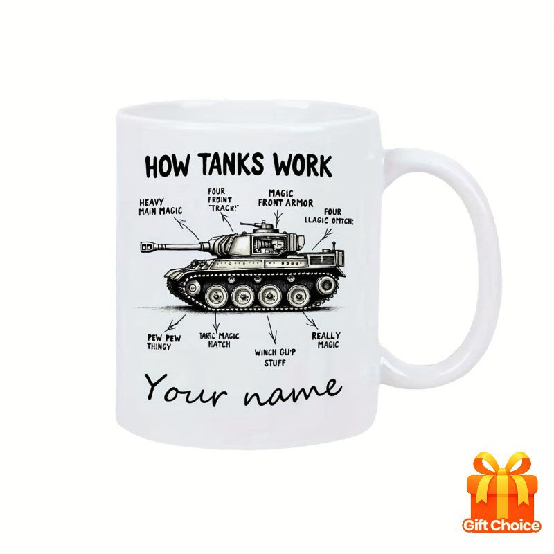 Tailorly White Ceramic 11 oz Mug - How Tanks Work Your Name Detailed Military Schematic Illustration Featuring Descriptive Labels For A Powerful Armored Tank