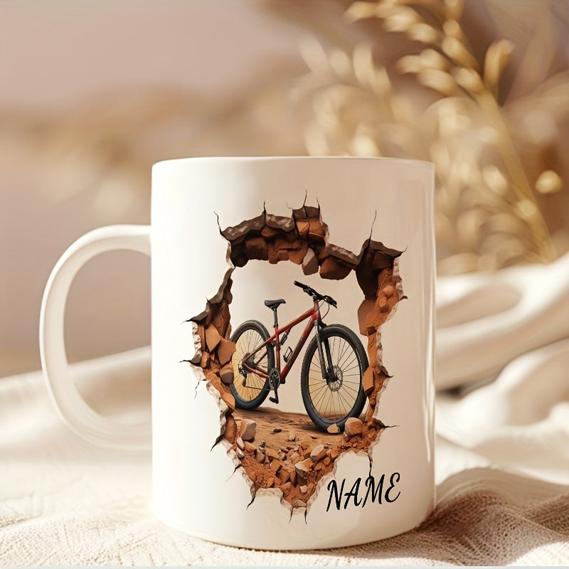 Tailorly White Ceramic 11 oz Mug - Name Rugged Mountain Bike Bursting Through A Broken Cracked Wall Bicycle