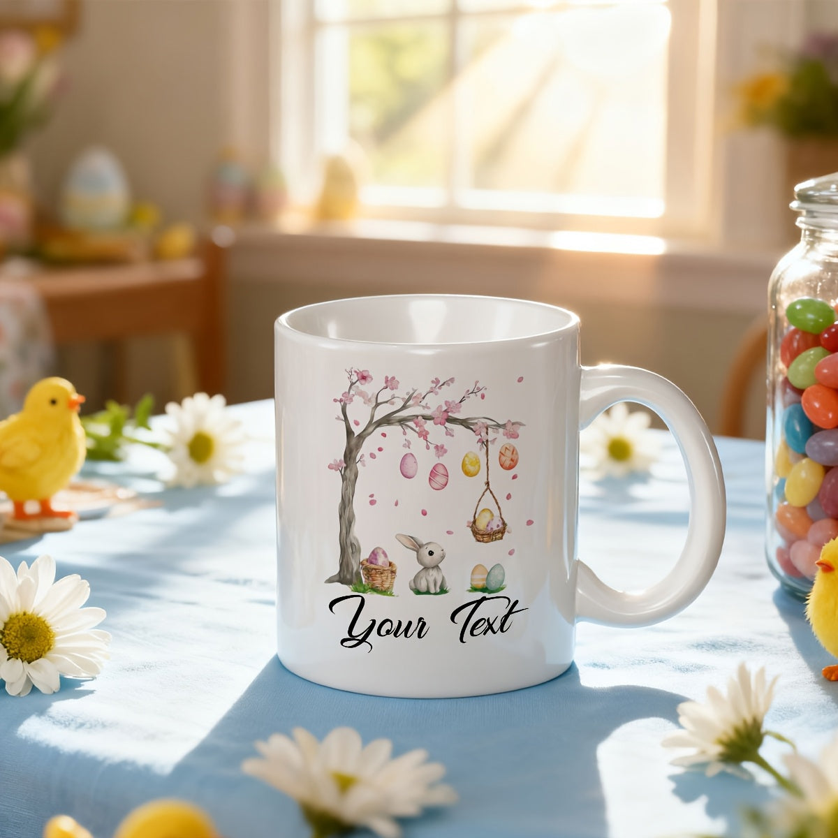 Tailorly White Ceramic 11 oz Mug - Your Text Easter Tree Hanging Decorated Eggs With Adorable Sitting Pink Blossoms Bunny