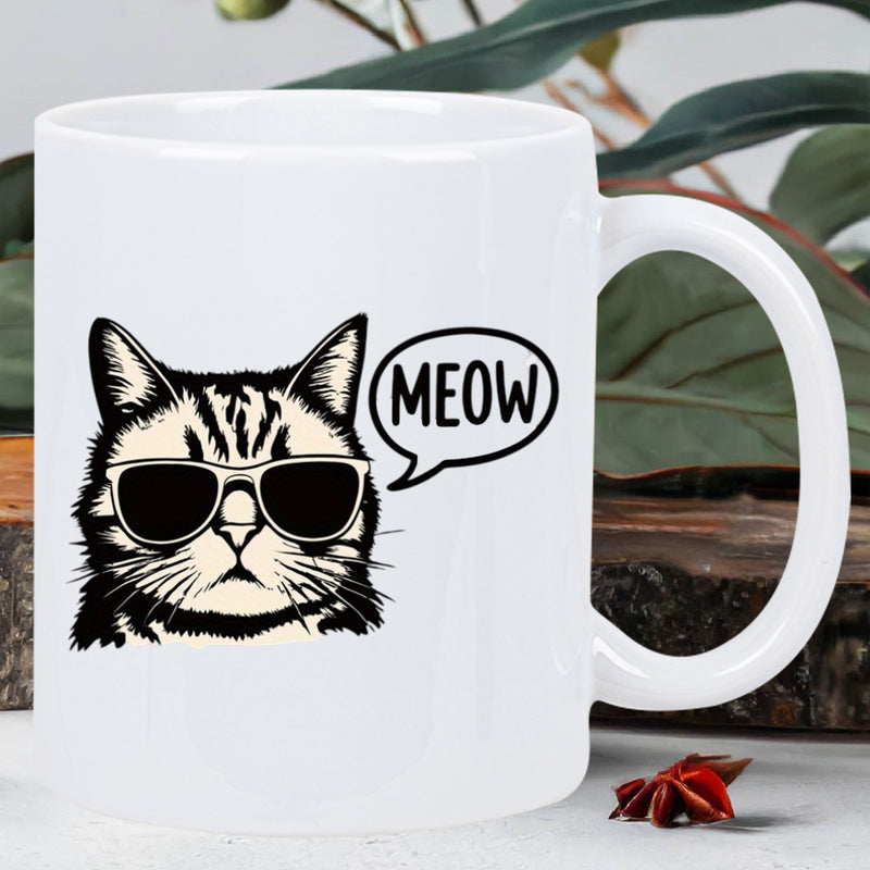 Tailorly White Ceramic 11 oz Mug - Meow Cool Tabby Wearing Dark Sunglasses With A Cute Speech Bubble Cat
