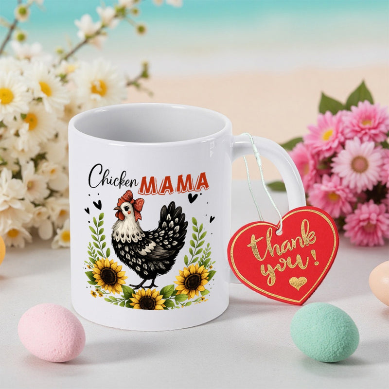 Tailorly White Ceramic 11 oz Mug - Chicken Mama Detailed Spotted Hen Among Blooming Sunflowers And Delicate Green Foliage Chicken