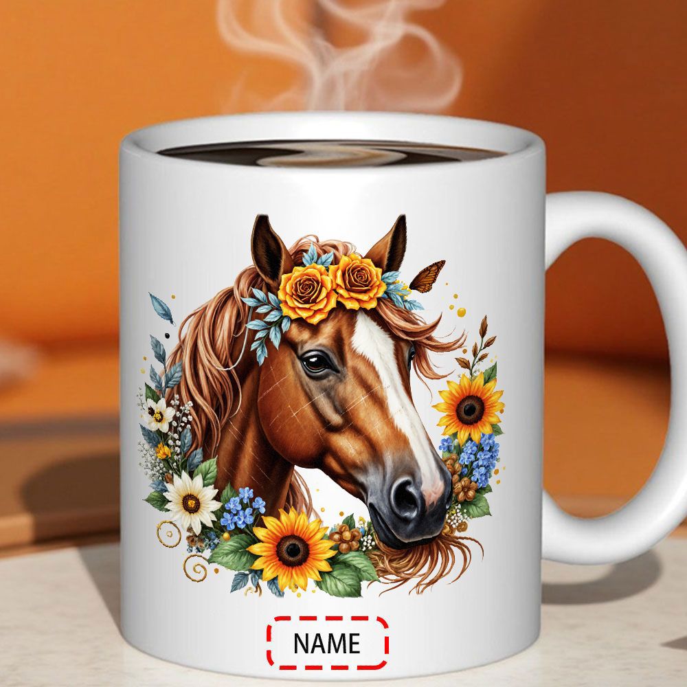 Tailorly White Ceramic 11 oz Mug - Name Majestic Brown Stallion Surrounded By Colorful Sunflowers And Summer Blossoms Horse