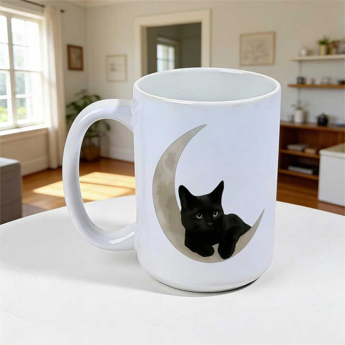 Tailorly White Ceramic 11 oz Mug - Mystical Black Kitten Resting Peacefully Inside A Textured Watercolor Crescent Moon Cat