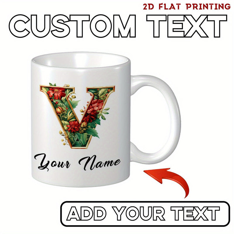 Tailorly White Ceramic 11 oz Mug - Your Name Elegant Floral Design With Blooming Red Roses And Greenery Letter
