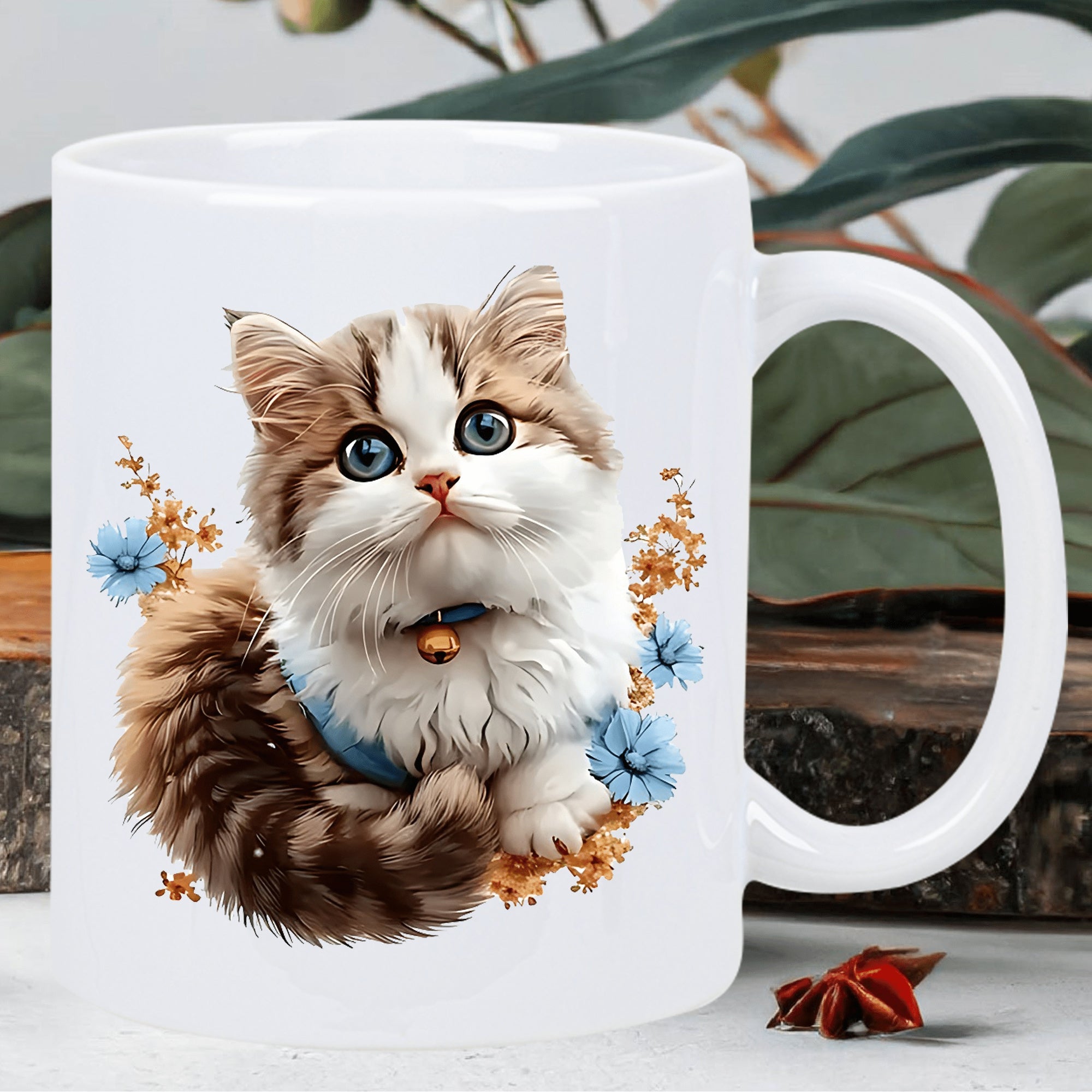 Tailorly White Ceramic 11 oz Mug - Adorable Fluffy Kitten With Blue Eyes Sitting Among Tiny Delicate Blossoms Cat