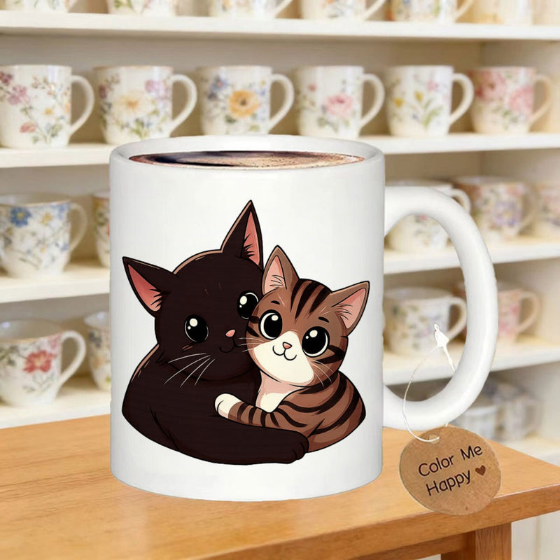 Tailorly White Ceramic 11 oz Mug - Color Me Happy Sweet Cartoon Black And Striped Tabby Felines Hugging Each Other Cat