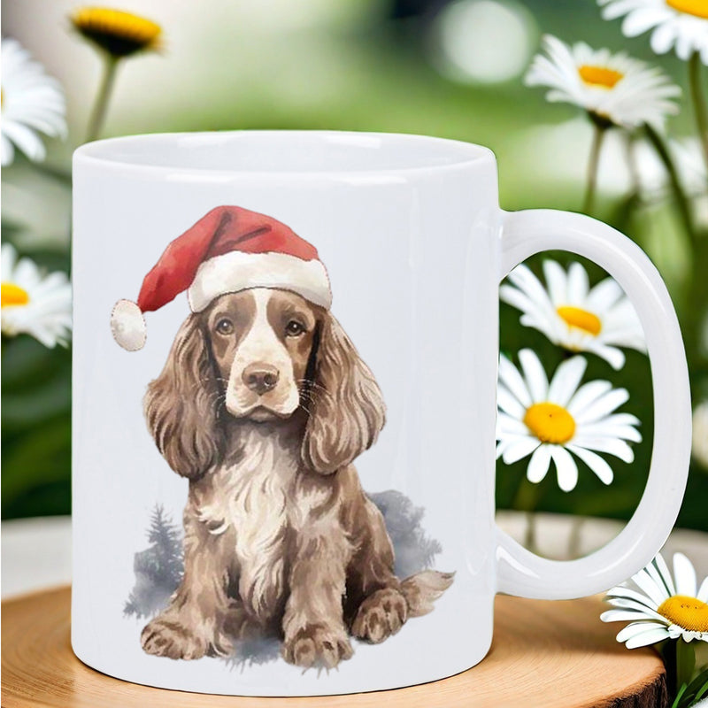 Tailorly White Ceramic 11 oz Mug - Adorable Brown And White Spaniel Wearing A Festive Red Santa Hat Dog