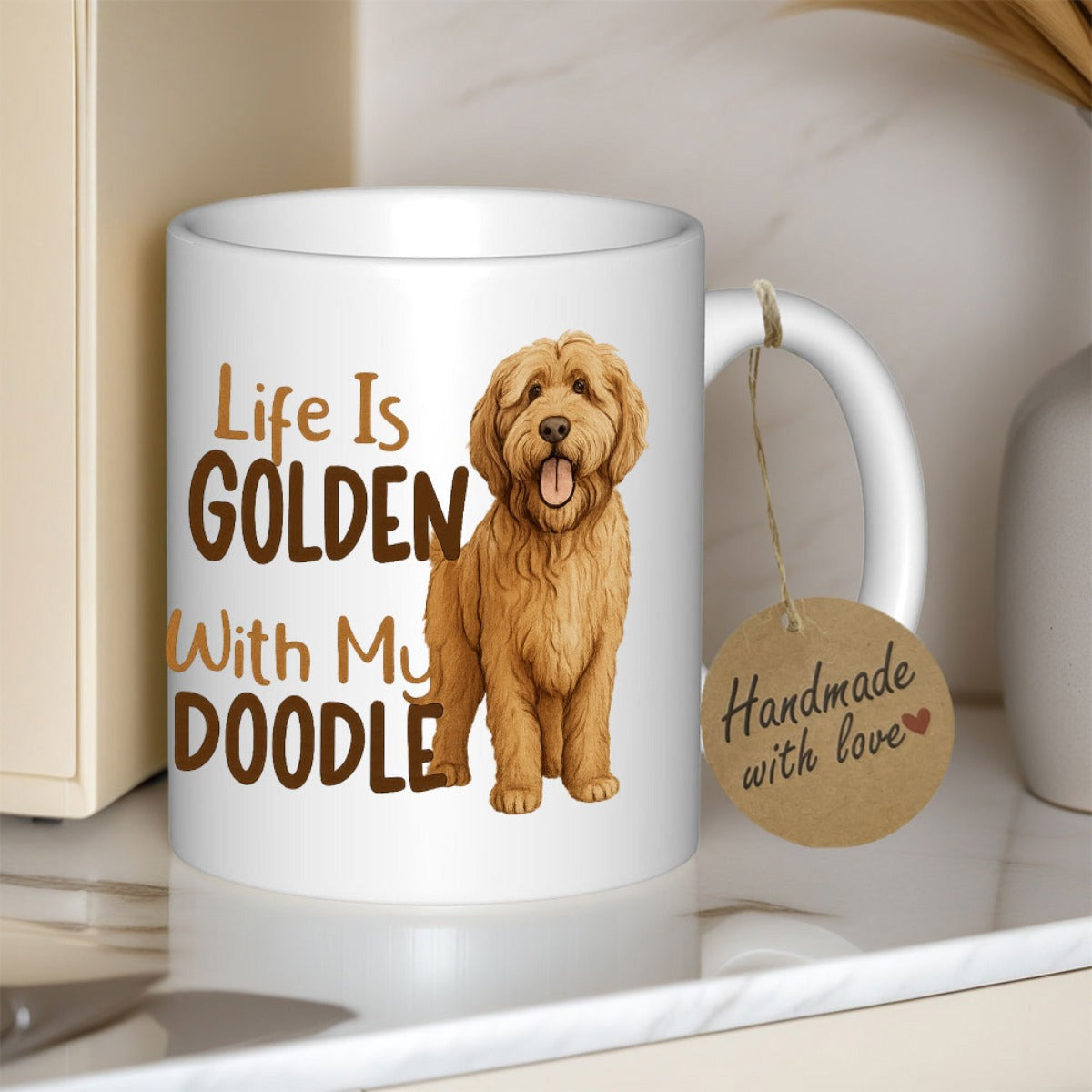 Tailorly White Ceramic 11 oz Mug - Life Is Golden With My Doodle Fluffy Curly Haired Golden Doodle Standing Confidently Within Warm Elegant Surroundings Dog