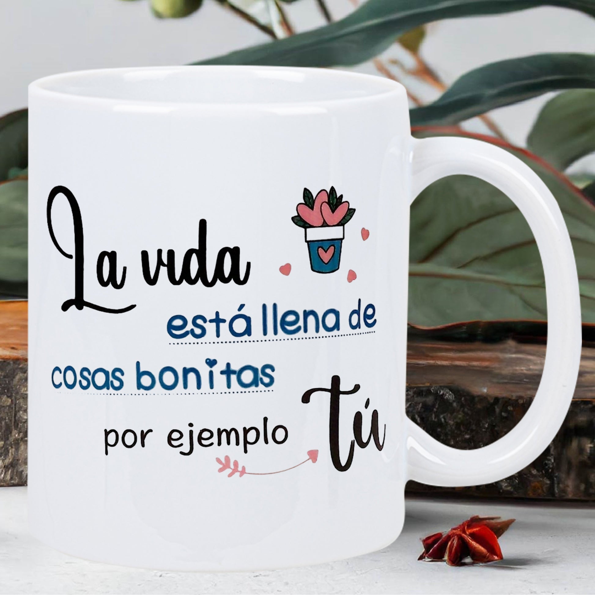 Tailorly White Ceramic 11 oz Mug - Delicate Decorative Potted Design With Romantic Floating Hearts And Elegant Vines Plant