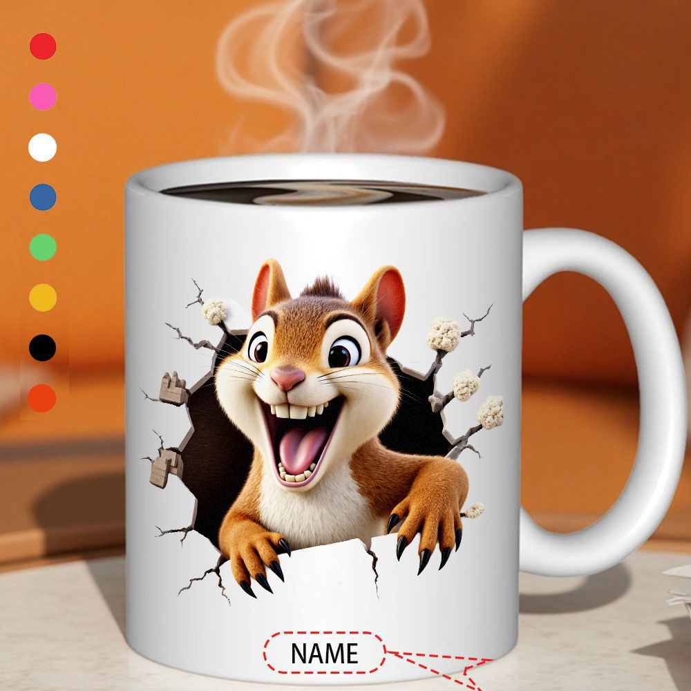 Tailorly White Ceramic 11 oz Mug - Name 3D Animated Brown Squirrel Bursting Through A White Cracked Wall With Excitement Squirrel