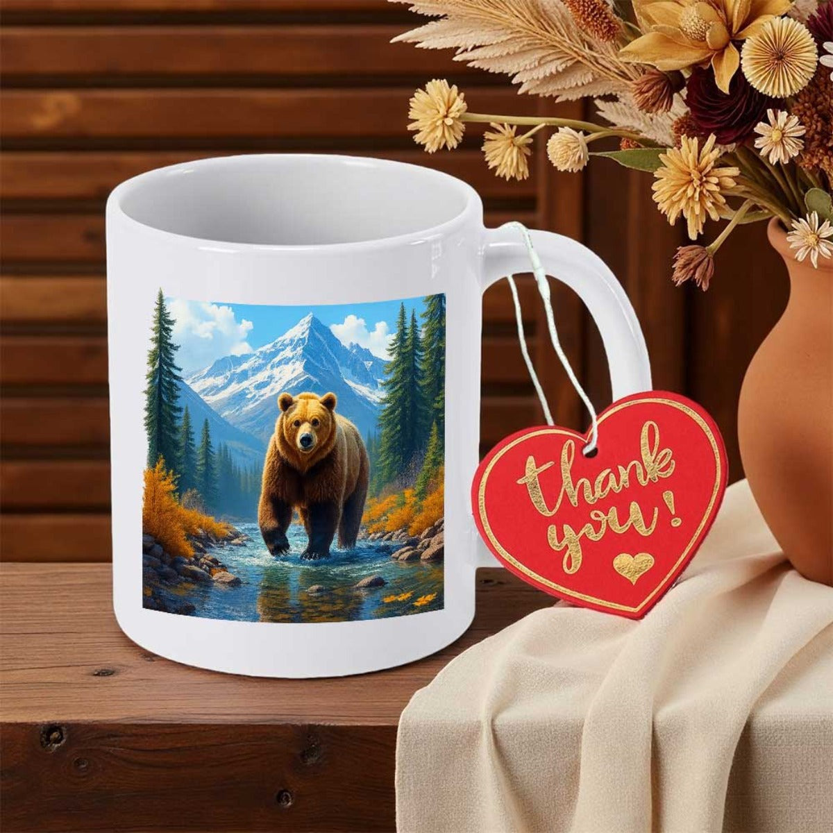 Tailorly White Ceramic 11 oz Mug - Thank You Majestic Brown Bear Walking Through Pristine Mountain Stream Bear