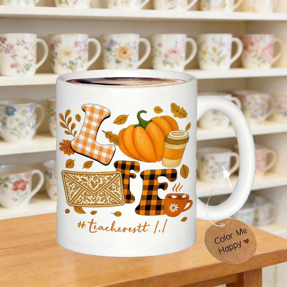 Tailorly White Ceramic 11 oz Mug - Life Teacherlife Autumn Pumpkin With Falling Leaves And Plaid Patterns On Ceramic Mug