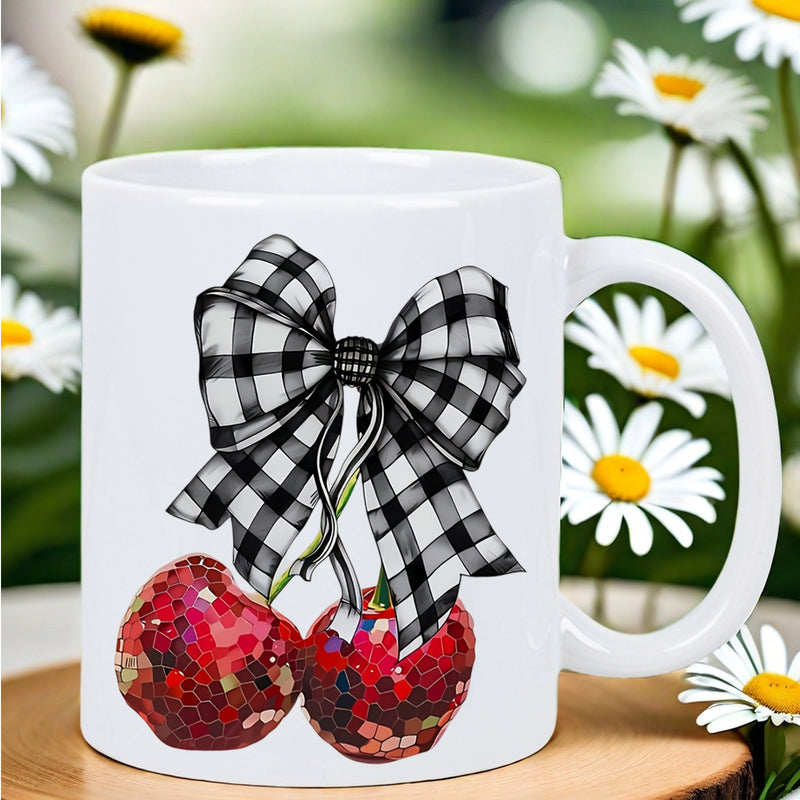 Tailorly White Ceramic 11 oz Mug - Sparkling Red Mosaic Textured Fruit Featuring A Gingham Plaid Ribbon Cherries