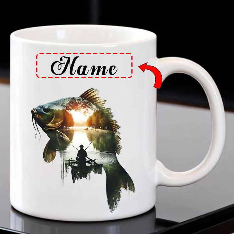 Tailorly White Ceramic 11 oz Mug - Name Fisherman In Boat Under Sunset Within Serene Nature Landscape Fish