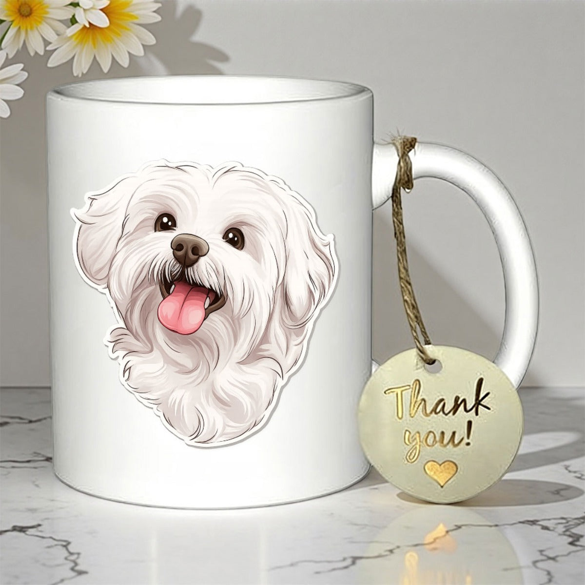 Tailorly White Ceramic 11 oz Mug - Thank You Cute Fluffy White Puppy With Pink Tongue Showing Happiness Dog