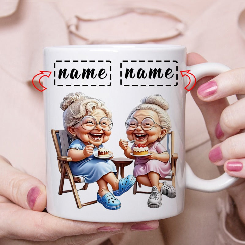 Tailorly White Ceramic 11 oz Mug - Two Happy Elderly Women Sitting Together Enjoying Sweet Cake Slices Grandmother