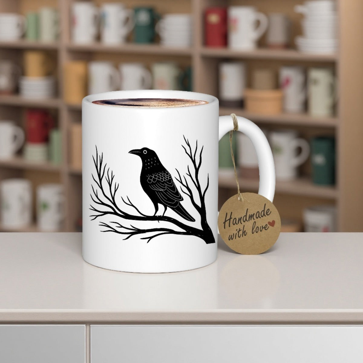 Tailorly White Ceramic 11 oz Mug - Handmade With Love Silhouetted Black Crow Perched On Bare Winter Branches In Silence Raven