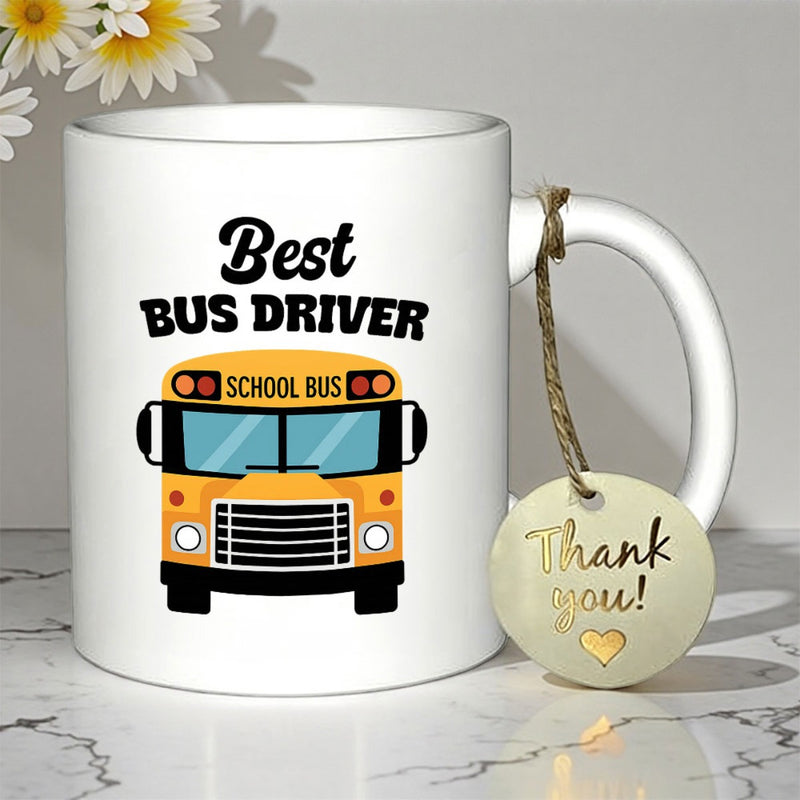 Tailorly White Ceramic 11 oz Mug - Best Bus Driver School Bus Vibrant Yellow Front View Vehicle With Bold Black Outlines Bus