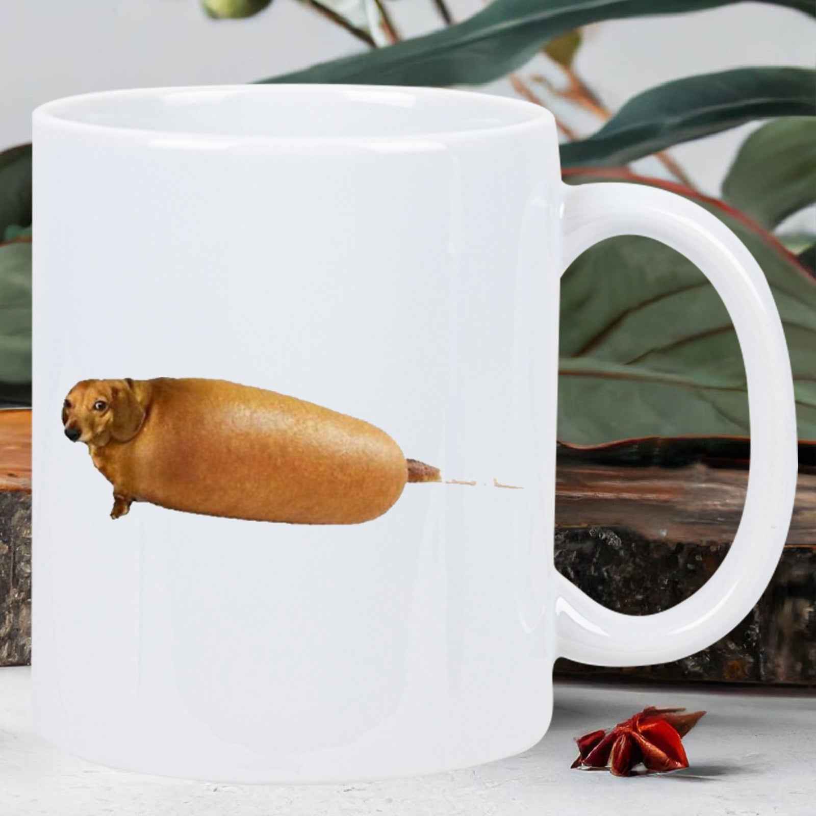 Tailorly White Ceramic 11 oz Mug - Funny Humorous Brown Dachshund Dog Head Merged With Golden Fried Corn Dog