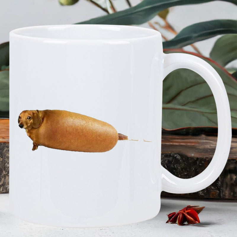 Tailorly White Ceramic 11 oz Mug - Funny Humorous Brown Dachshund Dog Head Merged With Golden Fried Corn Dog