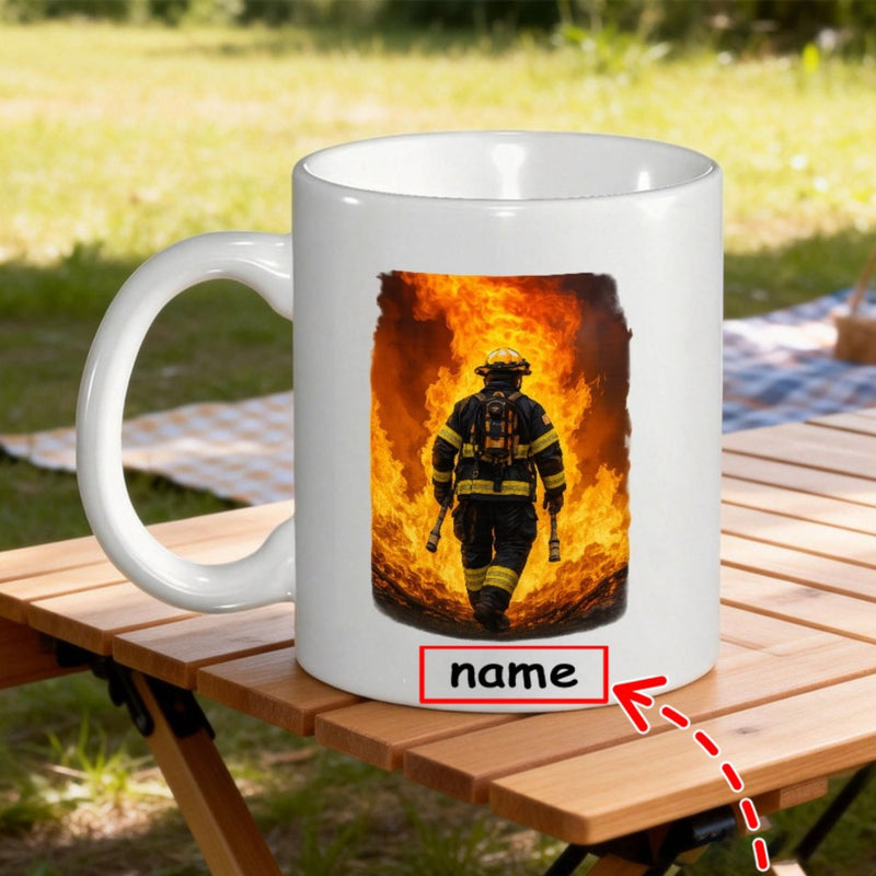 Tailorly White Ceramic 11 oz Mug - Brave Hero Walking Through Blazing Inferno With Intense Orange Flames Firefighter