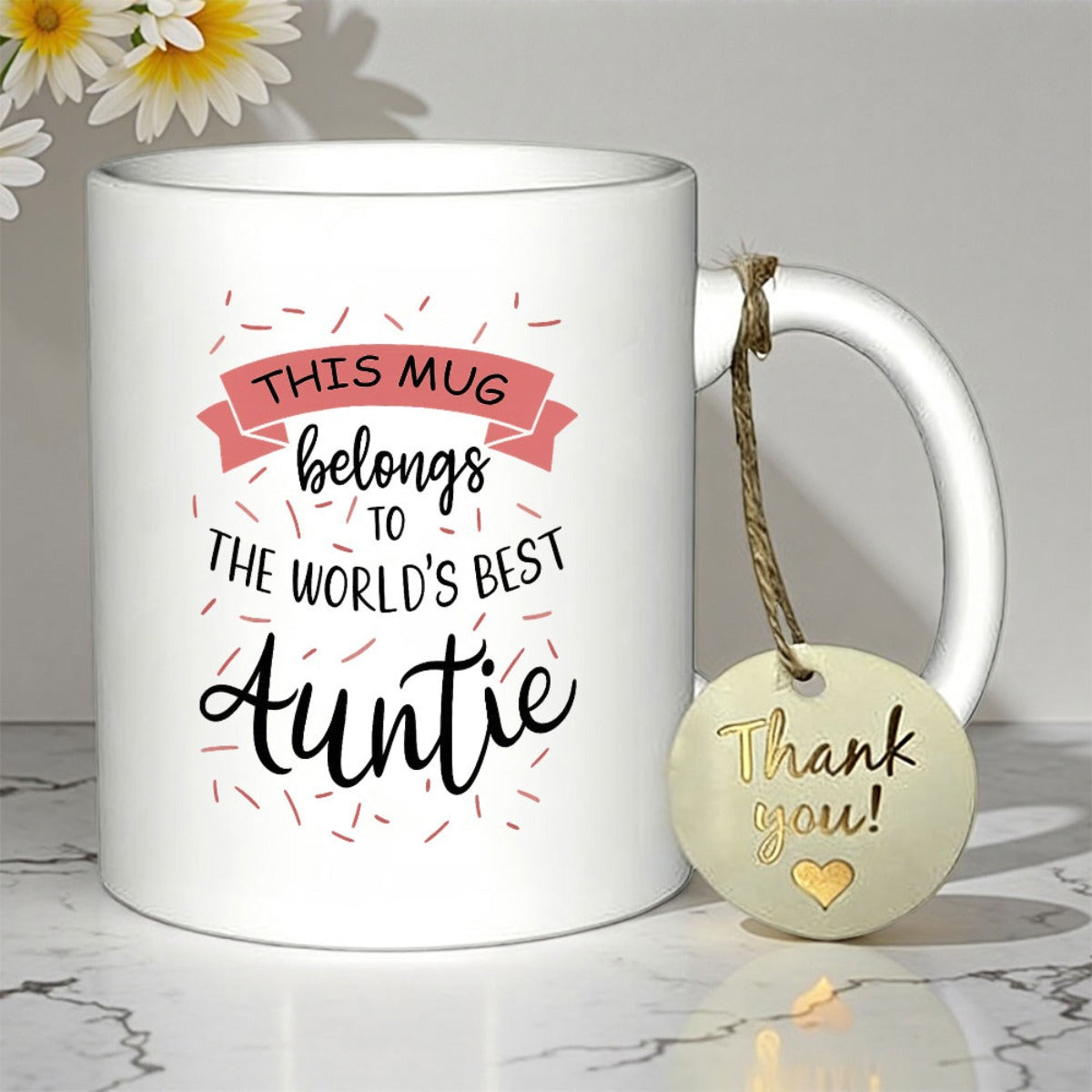 Tailorly White Ceramic 11 oz Mug - This Mug Belongs To The World's Best Auntie Elegant Minimalist White Ceramic Featuring Festive Pink Banner And Sprinkles Mug