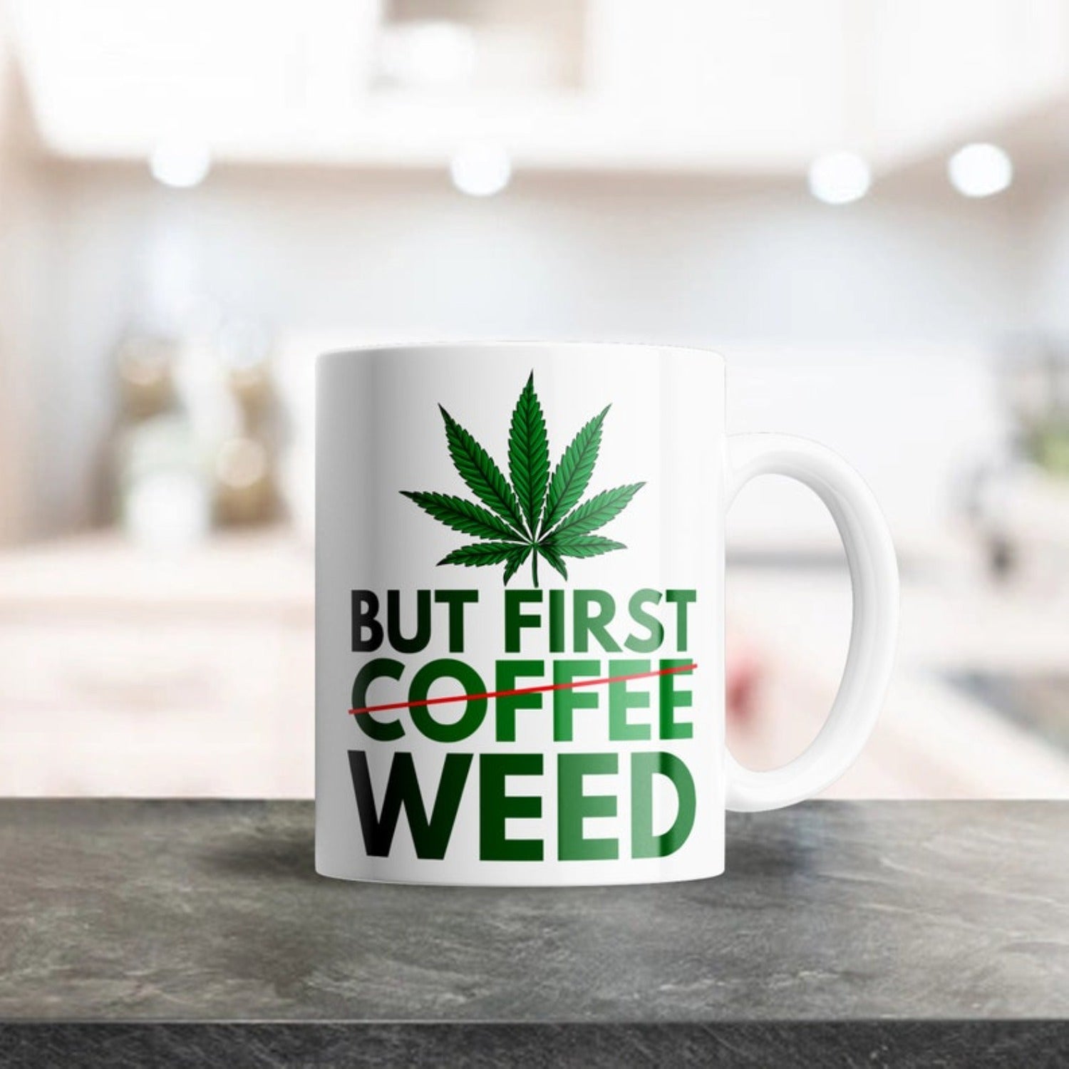 Tailorly White Ceramic 11 oz Mug - But First Weed Vibrant Green Cannabis Sativa Leaf Above Bold Strikethrough Typography Design Leaf