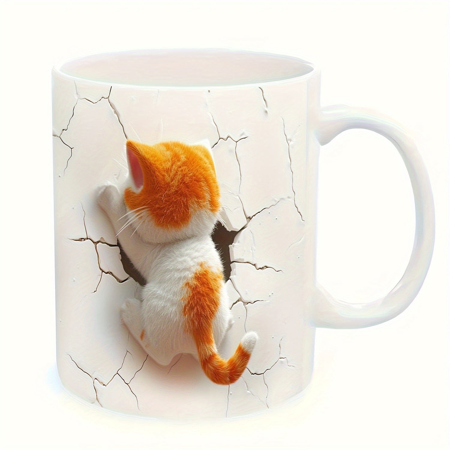 Tailorly White Ceramic 11 oz Mug - Adorable Ginger White Kitten Climbing Through A Realistic Cracked Wall Surface Cat