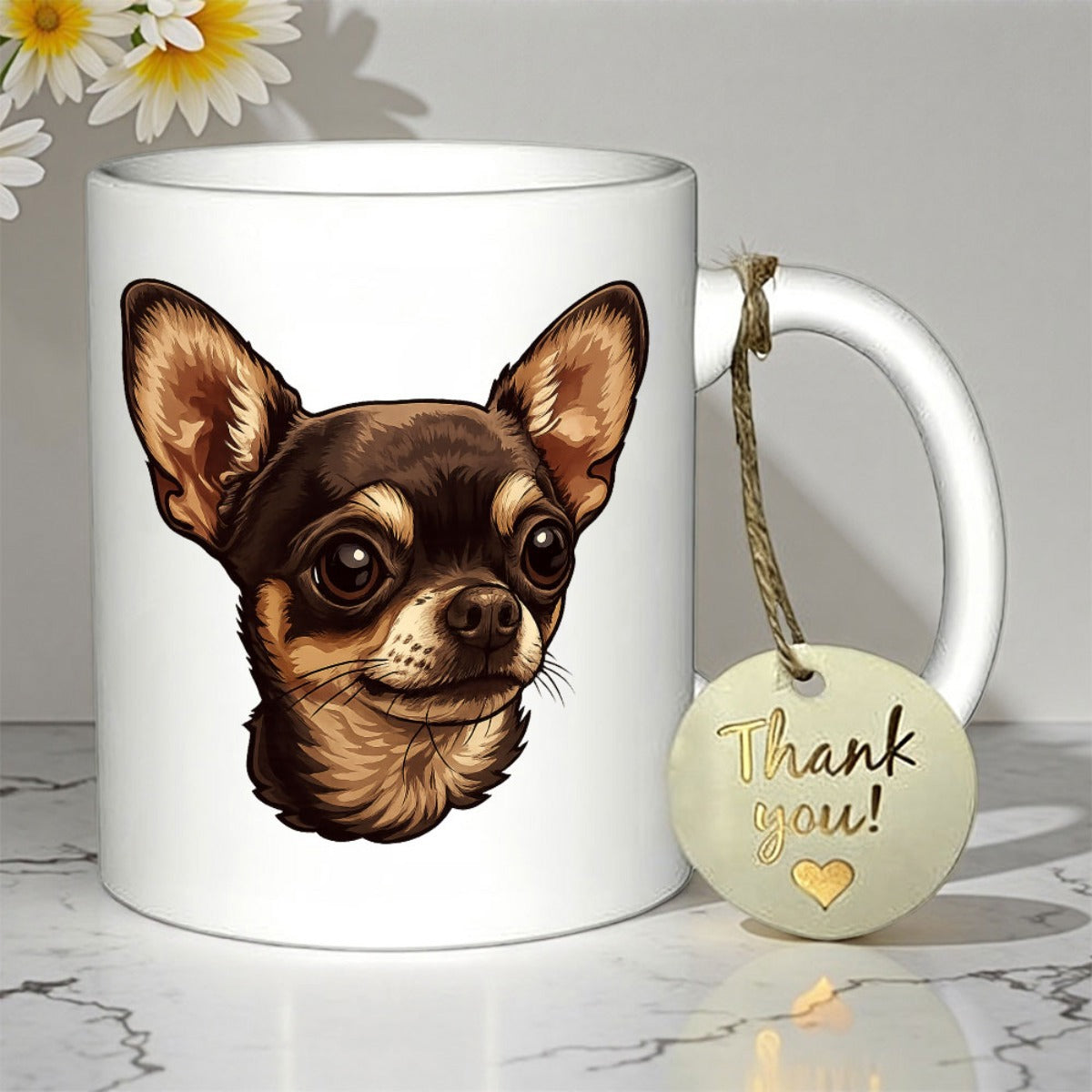 Tailorly White Ceramic 11 oz Mug - Thank You Vivid Hand Painted Brown Dog Illustration With Expressive Big Eyes Chihuahua