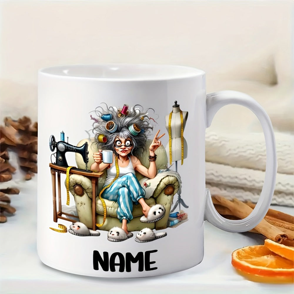 Tailorly White Ceramic 11 oz Mug - Name Crazy Haired Seamstress Resting In Armchair Surrounded By Sewing Machine And Mannequin Woman