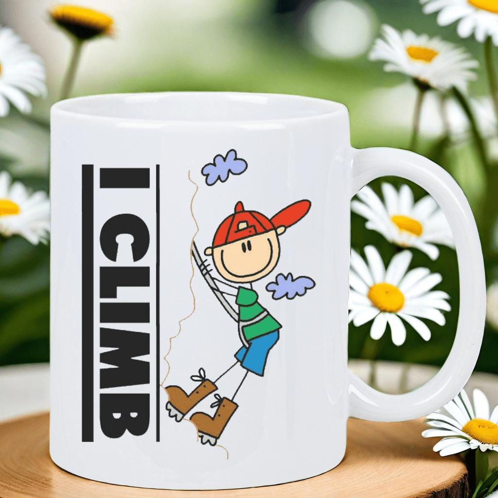 Tailorly White Ceramic 11 oz Mug - I Climb Cartoon Character Wearing Red Cap Scaling Rope Near Small Clouds Climber