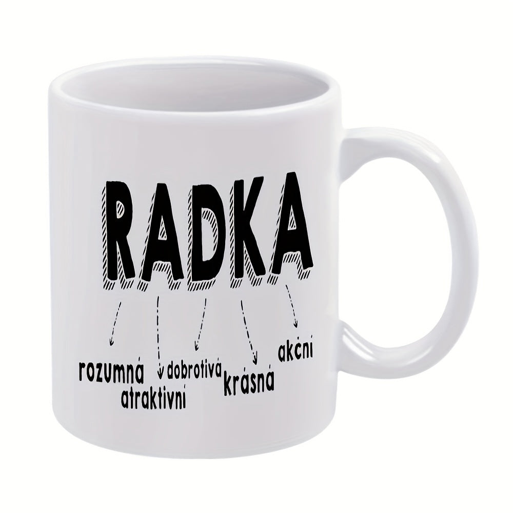 Tailorly White Ceramic 11 oz Mug - Radka Bold Decorative Shadowed Characters With Minimalist Dashed Pointing Arrows Typography