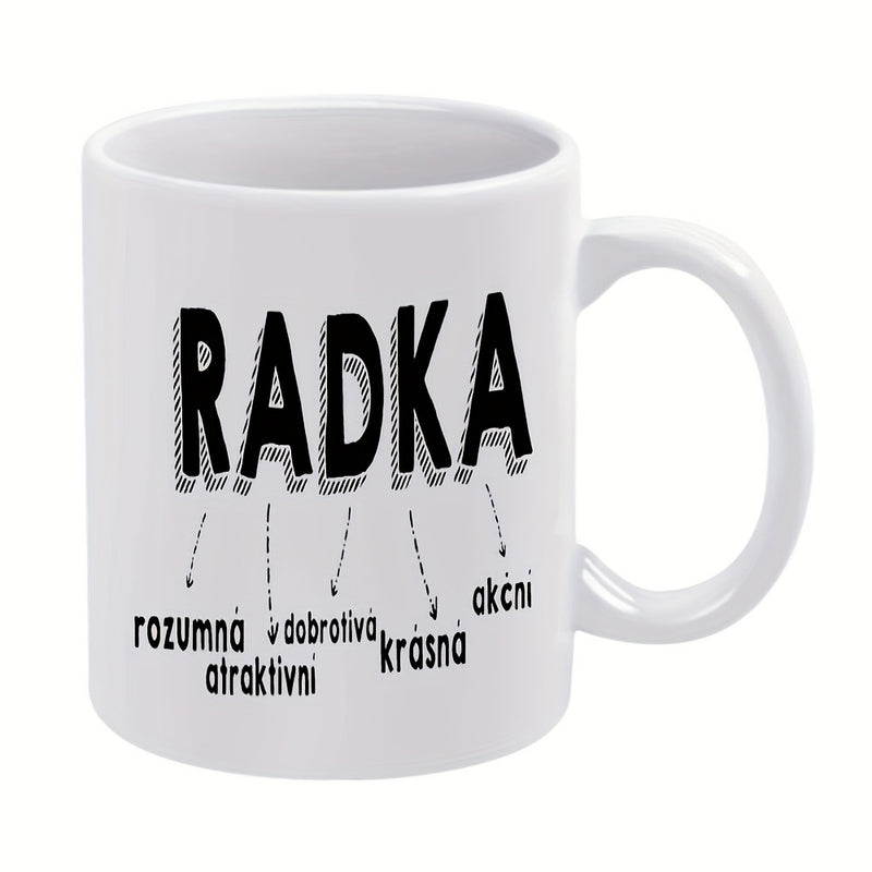 Tailorly White Ceramic 11 oz Mug - Radka Bold Decorative Shadowed Characters With Minimalist Dashed Pointing Arrows Typography