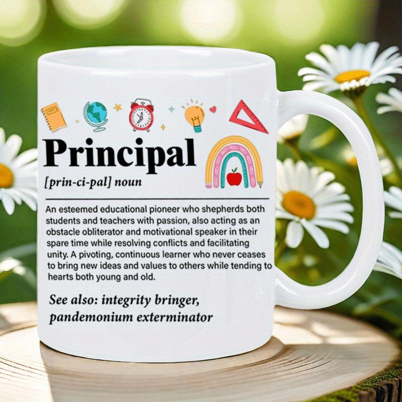 Tailorly White Ceramic 11 oz Mug - Principal Integrity Bringer Pandemonium Exterminator Educational Icons Including Globe Clock And Rainbow With Apple Design Mug