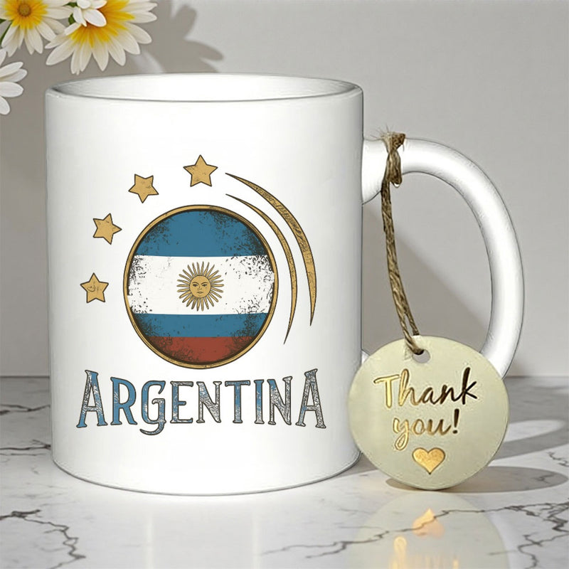 Tailorly White Ceramic 11 oz Mug - Argentina Vintage Circular National Flag Design With Five Golden Stars Mug